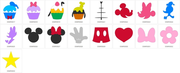 Zestaw kolorowych aplikacji z kolekcji Disney, w tym sylwetki babeczek, postaci Myszki Miki i Kaczora Donalda, serca, motyla oraz kwiatu. Elementy w różnych kolorach, w tym różowym, niebieskim, czarnym i czerwonym, o prostych kształtach, na białym tle.