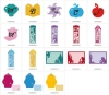 Kolekcja wzorów Disney Princess zawiera różnorodne dekoracyjne elementy w różnych kształtach i kolorach, w tym znaki literowe, zakładki oraz ramki, z motywami postaci i symboli z bajek. Elementy są w pastelowych i żywych odcieniach.