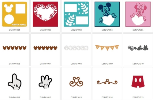 Kolekcja wzorów Disney Mickey Minnie CADSNP01 zawiera różnorodne motywy, w tym serca, postacie Miki i Mini, a także dekoracyjne elementy jak falbany i girlandy w kolorach żółtym, różowym, niebieskim oraz brązowym.