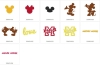 Kolekcja wzorów Disney Mickey Minnie zawiera różne sylwetki i napisy, w tym: żółty Mickey Mouse, czerwony Minnie, brązowe postacie Mickey i Minnie, oraz grafikę z napisem love. Wzory prezentowane na białym tle.