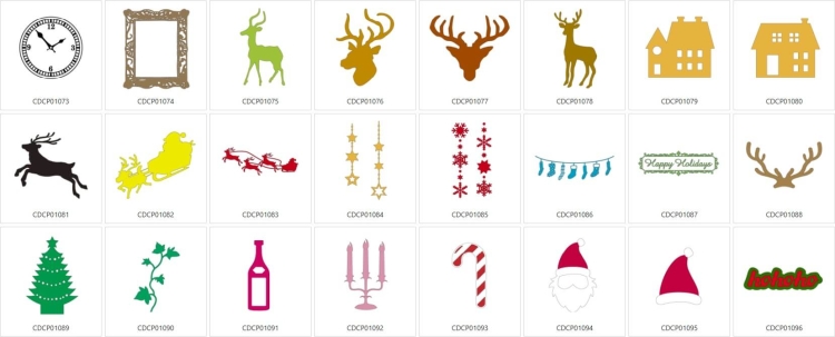 Zestaw wzorów świątecznych CACDCP01 zawiera różnorodne elementy, takie jak renifery, choinka, święty Mikołaj, sanie, bombki, oraz napisy Happy Holidays i hohoho. Wzory mają różne kolory, w tym zieleń, czerwień i złoto, idealne do dekoracji.