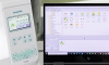Hafciarka Brother F540E z wyświetlaczem LCD, przyciskami sterującymi i kolorowymi wzorami na komputerze. Maszyna do haftu z możliwością projektowania wzorów, ustawiona obok laptopa z otwartym oprogramowaniem do transferu danych.