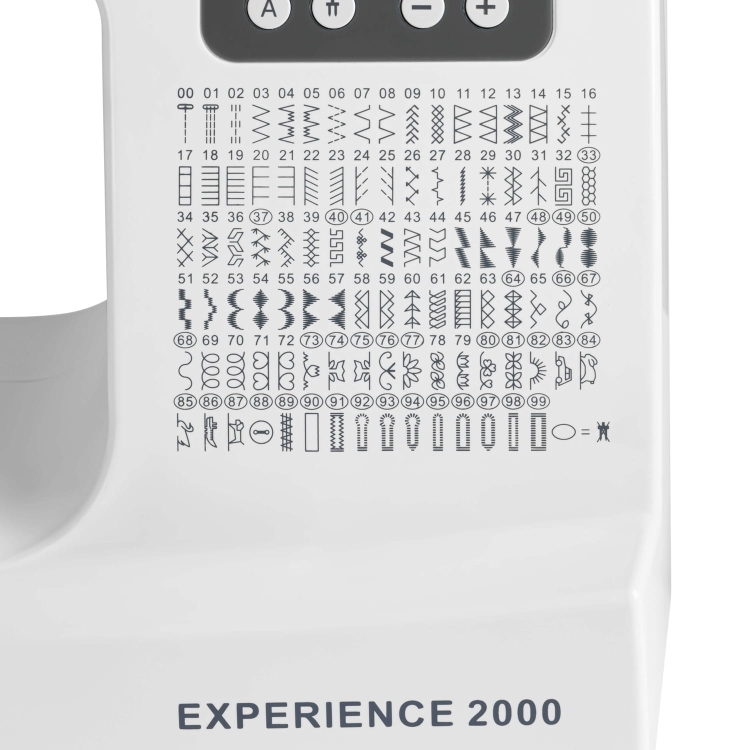 Maszyna do szycia Minerva Experience 2000 z panelem sterującym, na którym widoczne są różne wzory ściegów. Kolor biały, z czytelnymi ikonami i numerami od 01 do 99. Model pokazany z boku, z wyraźnym logo EXPERIENCE 2000.