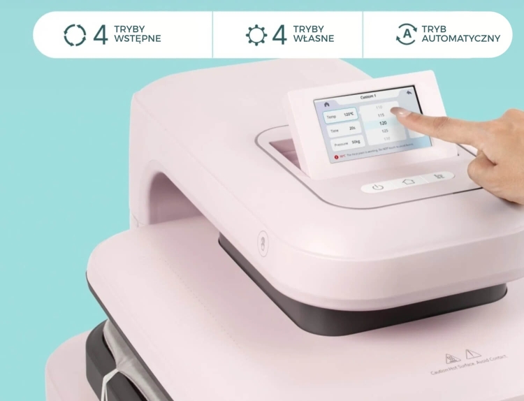 Prasa automatyczna LOKLiK ImPress Auto 2 Smart w kolorze różowym, z wyświetlaczem dotykowym. Widoczne przyciski do ustawienia temperatury, czasu i ciśnienia. Produkt leży na płaskiej powierzchni, z widocznymi elementami sterującymi.