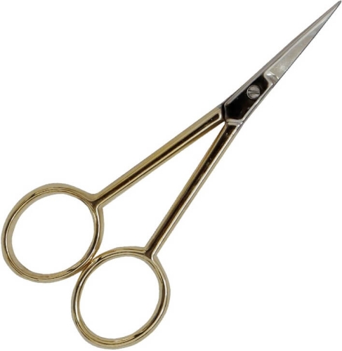 Nożyczki do nitek MADEIRA 9477 z prostym ostrzem o długości 10 cm, metalowe uchwyty w kolorze złotym, o okrągłych oczkach. Produkt ukazany z boku, na jednolitym tle.