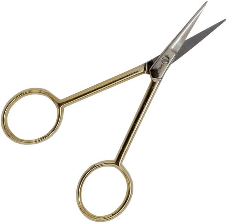 Nożyczki do nitek MADEIRA 9477 z prostym ostrzem o długości 10 cm, metalowe, z okrągłymi rączkami. Ujęcie frontalne, produkt leżący na jednolitym tle, ukazujący szczegóły ostrza i uchwytów.