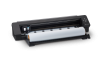 Ploter tnący Silhouette Cameo Pro MK II w kolorze czarnym, z widocznym białym arkuszem materiału na rolce. Przyciski sterujące umieszczone po prawej stronie. Urządzenie stoi na płaskiej powierzchni, z otwartym mechanizmem cięcia.