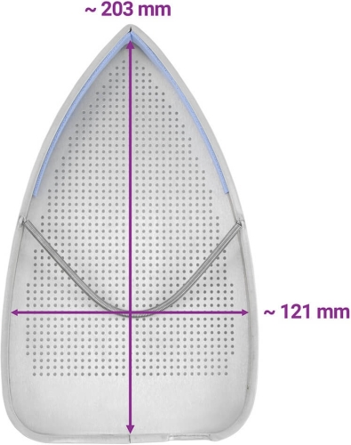 Stopa teflonowa PTFE do żelazek TEXI SMART S+B, w kształcie łezki, o wymiarach ~203 mm wysokości i ~121 mm szerokości. Powierzchnia gładka, z perforacjami, w kolorze srebrnym. Widoczna sprężyna mocująca na środku.