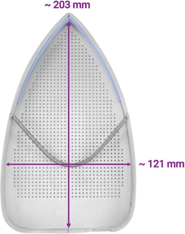 Stopa teflonowa PTFE do żelazek TEXI SMART S+B, w kształcie łezki, o wymiarach ~203 mm wysokości i ~121 mm szerokości. Powierzchnia gładka, z perforacjami, w kolorze srebrnym. Widoczna sprężyna mocująca na środku.