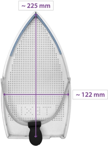 Teflonowa stopa przeciwpołyskowa PTFE do żelazek, z wymiarami około 225 mm długości i 122 mm szerokości. Posiada perforowaną powierzchnię oraz uchwyt w dolnej części. Idealna do modeli Steam Master, Texi Smart S+B, DRY MASTER, AEG.