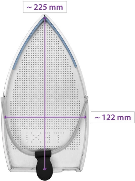 Teflonowa stopa przeciwpołyskowa PTFE do żelazek, z wymiarami około 225 mm długości i 122 mm szerokości. Posiada perforowaną powierzchnię oraz uchwyt w dolnej części. Idealna do modeli Steam Master, Texi Smart S+B, DRY MASTER, AEG.