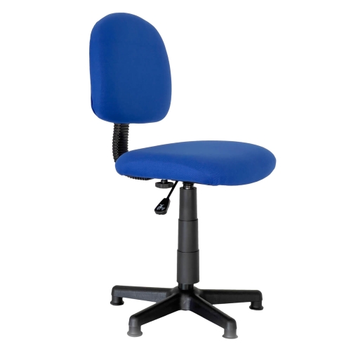 Krzesło przemysłowe KRAFFT BLU w kolorze intensywnego niebieskiego, tapicerowane, obrotowe z pneumatycznym podnośnikiem. Ujęcie z boku, ukazujące ergonomiczny kształt oparcia oraz siedziska na czarnej, pięcioramiennej podstawie.
