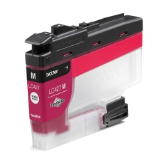 Tusz Brother LC427M w kolorze magenta. Kartusz o przezroczystym korpusie z czarnym górnym elementem. Widoczne oznaczenia: M, LC427 oraz logo innobella. Ujęcie z boku, ukazujące kształt i mechanizm mocowania.