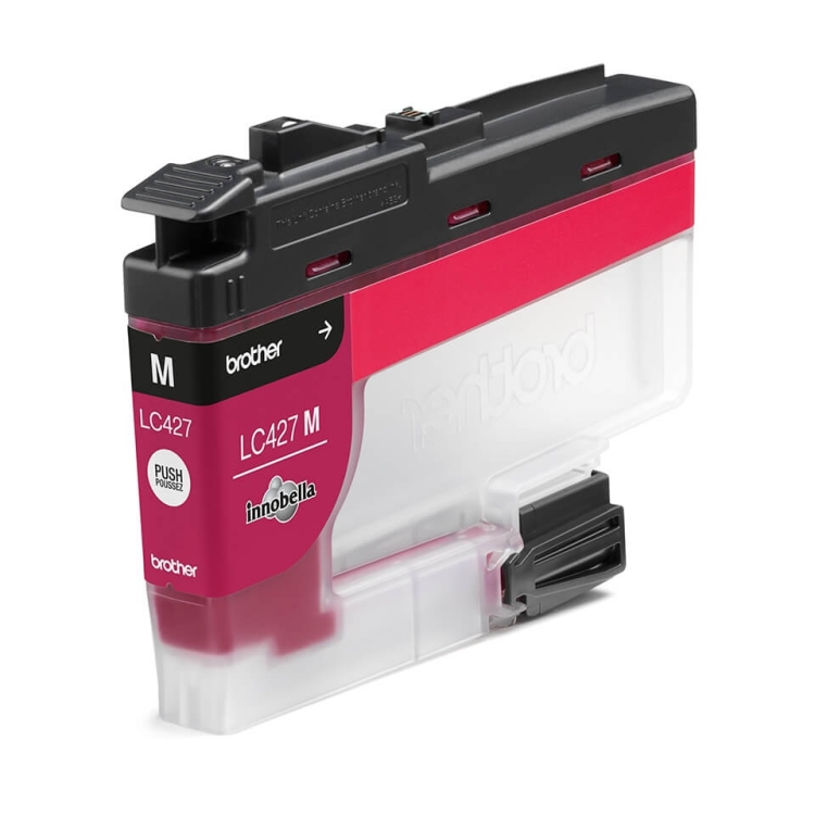 Tusz Brother LC427M w kolorze magenta. Kartusz o przezroczystym korpusie z czarnym górnym elementem. Widoczne oznaczenia: M, LC427 oraz logo innobella. Ujęcie z boku, ukazujące kształt i mechanizm mocowania.