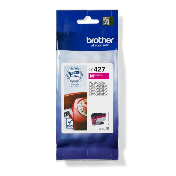 Tusz Brother LC427M w kolorze magenta, zapakowany w przezroczystą foliową torebkę. Na etykiecie widoczny numer modelu LC427 oraz logo Brother. Tusz jest przeznaczony do drukarek HL-J6010DW, MFC-J5955DW, MFC-J6955DW, MFC-J6975DW, MFC-J6959DW.