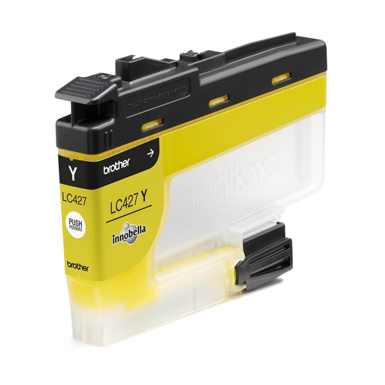 Tusz Brother LC427Y w kolorze żółtym, z półprzezroczystym zbiornikiem i czarną górną częścią. Widoczny napis LC427 Y oraz logo brother. Produkt w pozycji stojącej z widocznymi elementami mocującymi.