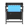 Stojak z koszem do plotera Silhouette Cameo Pro MK II, z czarną konstrukcją i niebieskim arkuszem włożonym w urządzenie. Produkt ma mobilne kółka i panel sterujący z przyciskami. Kosz na odpady umieszczony poniżej plotera.