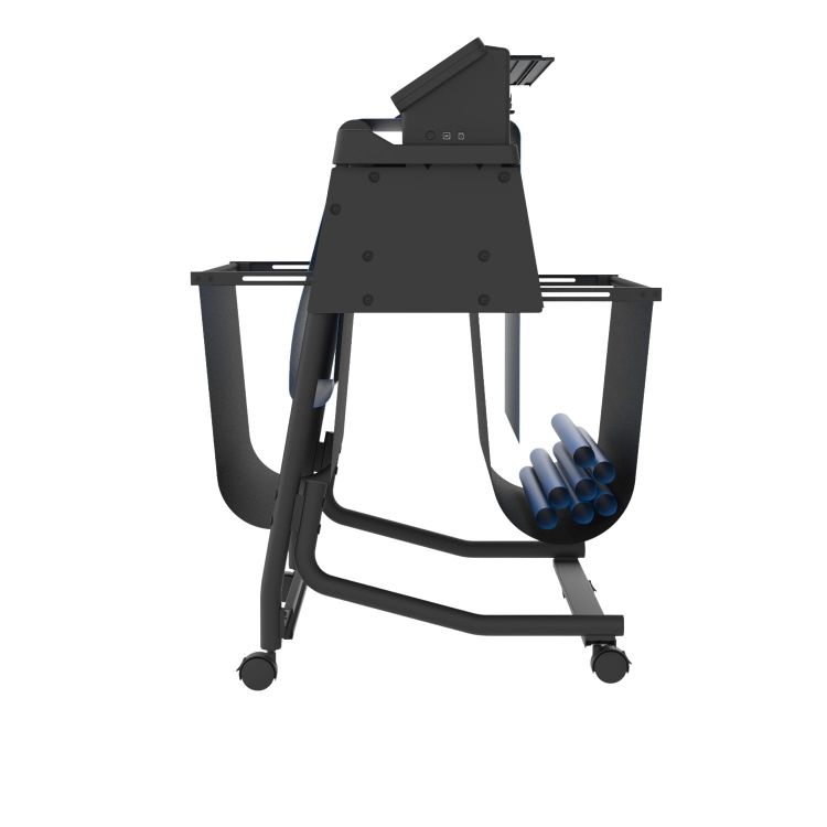 Stojak z koszem do plotera Silhouette Cameo Pro MK II w kolorze czarnym, z bocznymi uchwytami na rolki. Produkt w pozycji stojącej, z widocznym koszem na odpady oraz kółkami ułatwiającymi przemieszczanie.