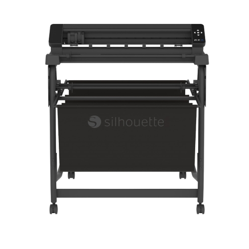 Stojak z koszem do plotera Silhouette Cameo Pro MK II, w kolorze czarnym, z metalową konstrukcją. Produkt widoczny z przodu, z koszem na odpady umieszczonym poniżej. Logo „silhouette” na widocznej części kosza. Mobilny, na kółkach.