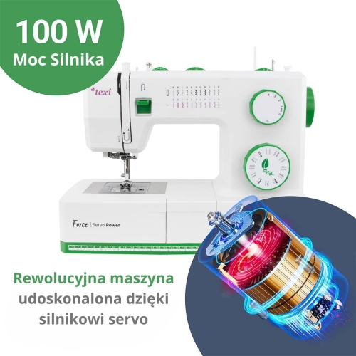 Maszyna do szycia TEXI FORCE w kolorze białym z zielonymi pokrętłami, moc silnika 100 W. Widoczny detal: igła i stopka. Na tle grafiki przedstawiającej silnik servo, podkreślająca nowoczesność i innowacyjność urządzenia.