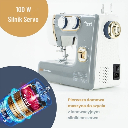 Maszyna do szycia TEXI GOLD w kolorze szarym z elementami złotymi, wyposażona w silnik servo o mocy 100 W. Widoczny jest zbliżony detal silnika oraz napisy informacyjne. Produkt ustawiony frontalnie na jasnym tle.