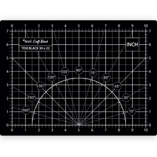Mata podkładowa TEXI BLACK 30x22 cm w kolorze czarnym, samoregenerująca, z białymi liniami siatki i kątami na powierzchni. Widoczny napis TEXI BLACK 30 x 22 oraz oznaczenia w calach. Ułożona płasko na jednolitym tle.