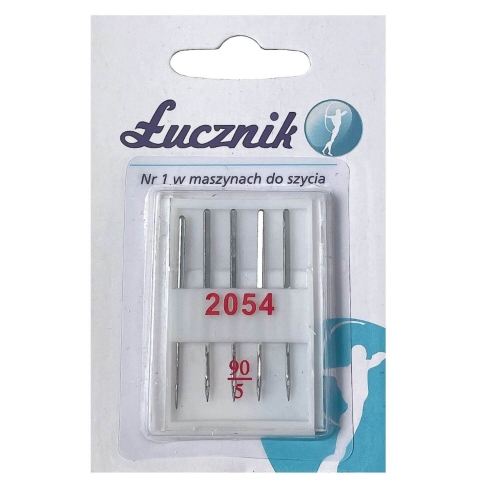 Igły Łucznik S-2054, zestaw 5 sztuk, przeznaczone do owerloków. Widoczne numery 2054 oraz 90 na opakowaniu. Igły mają metaliczny, gładki wygląd, umieszczone w przezroczystym etui z białym dnem i niebieskim logo na tle.