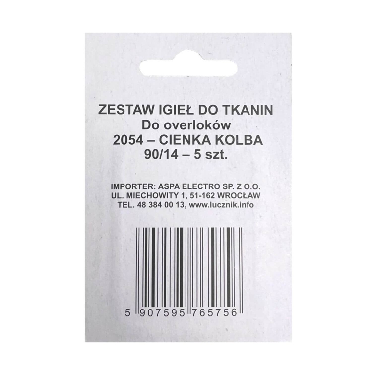 Zestaw igieł do owerloków Łucznik S-2054, 90/14, 5 sztuk. Opakowanie z białym tłem, zawiera informacje o produkcie oraz kod kreskowy. Widoczne napisy: ZESTAW IGIEŁ DO TKANIN, Do owerloków, Cienka kolba, 90/14 – 5 szt.