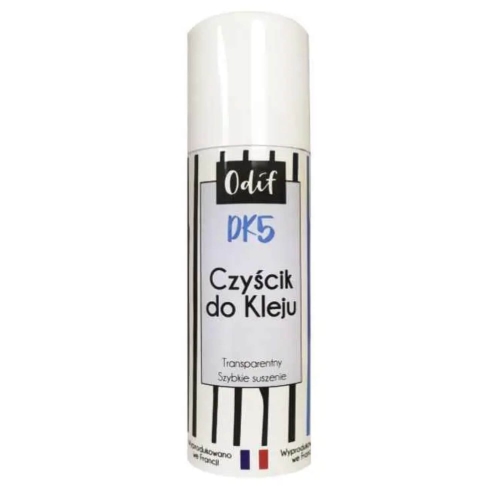 Środek czyszczący spray 125ml ODIF DK5 do usuwania kleju z mat ploterów. Biały pojemnik z etykietą zawierającą napis Czyścik do Kleju oraz informacje o transparentności i szybkim schnięciu. Produkt stoi w pozycji pionowej na prostym tle.