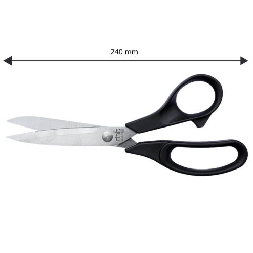 Nożyczki krawieckie RBB 552 o długości 24 cm, z ostrzami ze stali nierdzewnej i ergonomicznymi, czarnymi uchwytami. Ujęcie frontalne z widocznymi ostrzami i logo na uchwycie.