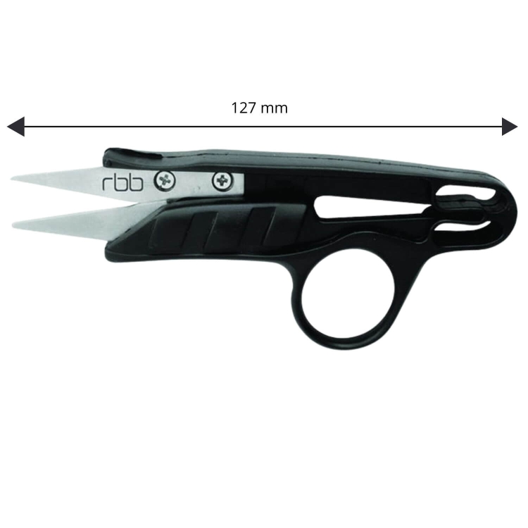Obcinaczki do nitek RBB 360MN o długości 12,7 cm, z metalowymi ostrzami i czarną plastikową rączką. Ujęcie z boku, z widocznymi oznaczeniami na ostrzach. Idealne do precyzyjnego cięcia nici.