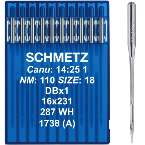 Igły Schmetz 110 z okrągłą kolbą DBx1 w zestawie 10 sztuk. W opakowaniu widoczne igły o rozmiarze 16x231, umieszczone w niebieskiej kasecie. Na opakowaniu czytelne napisy dotyczące specyfikacji.