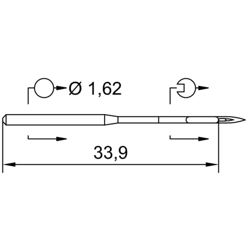 Igły Schmetz 110 z okrągłą, cienką kolbą DBx1, długość 33,9 mm, średnica 1,62 mm. Widok frontalny, przedstawiający szczegóły konstrukcji igły. Opakowanie zawiera 10 sztuk.