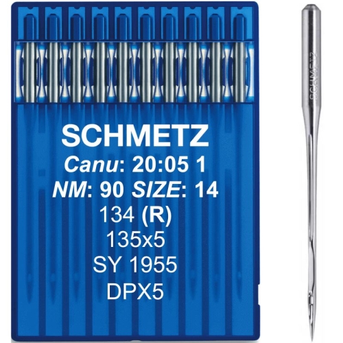Igły Schmetz 90 z okrągłą kolbą DPx5 umieszczone w niebieskim opakowaniu. Widoczne informacje to rozmiar 90, oznaczenia NM, 135x5 oraz logo producenta. Obok opakowania znajduje się pojedyncza igła z wyraźnie widoczną grubą kolbą.