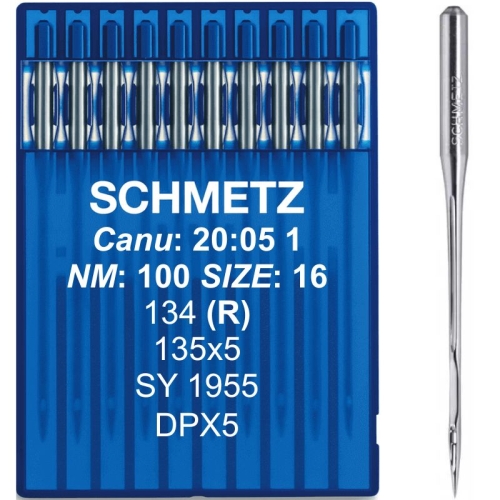 Igły Schmetz 100 z okrągłą kolbą DPx5 135x5 w niebieskim opakowaniu, zawierające 10 igieł. Wyraźne oznaczenia: SCHMETZ oraz rozmiary NM 100 i 135x5. Jedna igła widoczna z boku, metaliczna, z gładką powierzchnią.