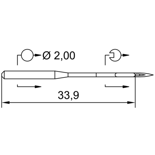 Igły Schmetz 120 DPx5 o grubym kolbie, długość 33,9 mm i średnica 2,00 mm. Produkt przedstawiony w widoku bocznym, ukazującym szczegóły konstrukcji igły.