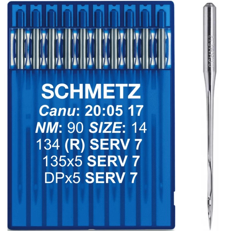 Igły Schmetz 90 z okrągłą kolbą DPx5 w niebieskim opakowaniu. W zestawie 10 igieł, oznaczone jako NM 90, 135x5 i 134(R). Widoczne logo Schmetz na opakowaniu oraz pojedyncza igła z bliska.