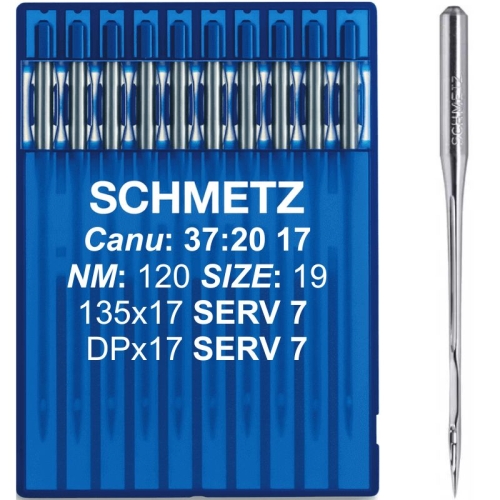 Igły Schmetz 120 z okrągłą kolbą 135x17 SERV, 10 sztuk w niebieskim opakowaniu. W zestawie widoczne igły o metalicznym wykończeniu. Opakowanie zawiera oznaczenia: NM 120, SIZE 19 oraz DPx17 SERV 7.