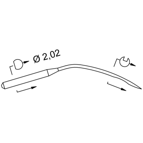Igły Schmetz 2140 TP ''60 zagięte do podszywarki, 10 sztuk. Zagięta konstrukcja, średnica 2,02 mm, wyraźnie zaznaczone detale. Widoczne elementy wskazujące na zastosowanie w maszynach do szycia.