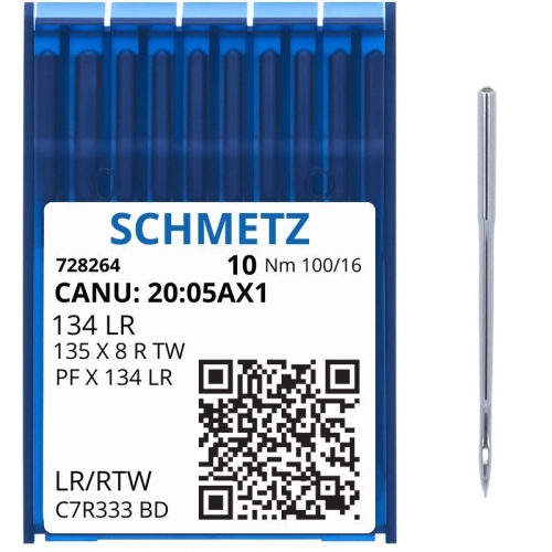 Igły Schmetz 134 LR / 135 X 8 do skóry, pakowane w niebieskie opakowanie z przezroczystą górą. Widoczna etykieta z oznaczeniami, w tym kod QR. W zestawie 10 igieł o grubości 100/16, jedna igła obok opakowania, z wyraźnym oczkiem.
