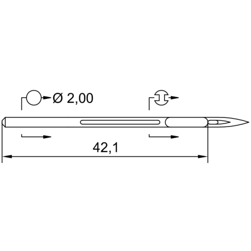 Igły Schmetz 200 UY 143 GS do zszywarki do worków, 10 sztuk. Wymiary: długość 42,1 mm, średnica 2,0 mm. Igła ma wąski, prosty kształt z płaskim uchwytem i ostrą końcówką, idealna do zszywania grubych materiałów.