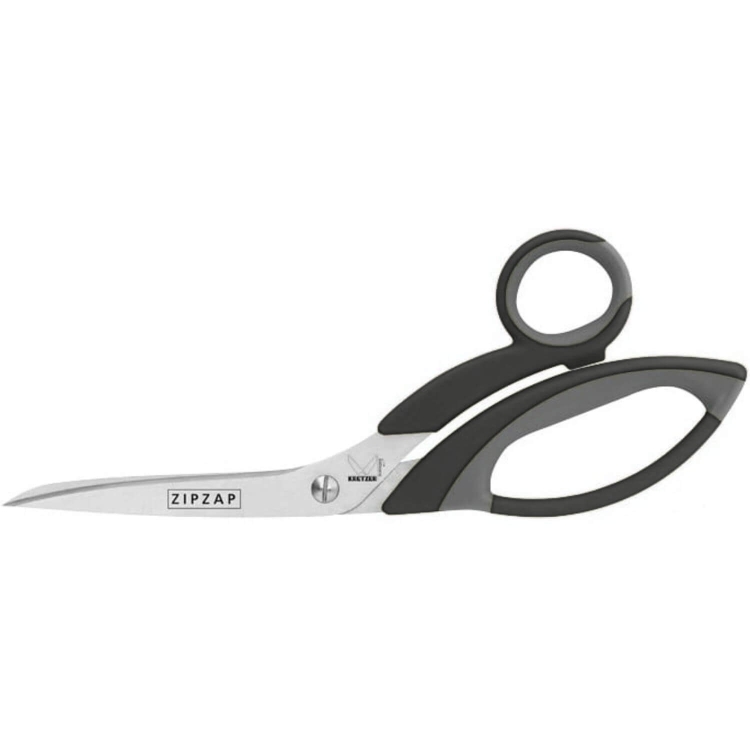 Nożyczki krawieckie Kretzer Zipzap/Finny Hobby 782020 o długości 20 cm. Ostrze ze stali nierdzewnej, ergonomiczne uchwyty z czarnej gumy, kąt ujęcia frontalny, na białym tle. Wyraźny napis ZIPZAP na ostrzu. Idealne do precyzyjnego cięcia materiałów.