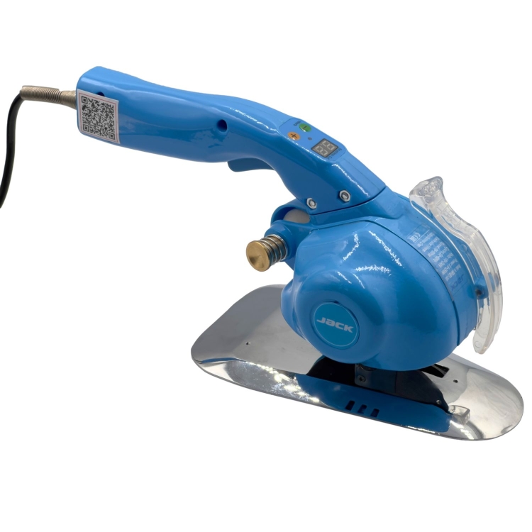 Nóż tarczowy JACK J-X100 o średnicy 100 mm w kolorze niebieskim z metalową podstawą. Uchwyt z przyciskami sterującymi i wyświetlaczem. Produkt leży na białym tle, w pozycji poziomej, z widocznym ostrzem i osłoną.