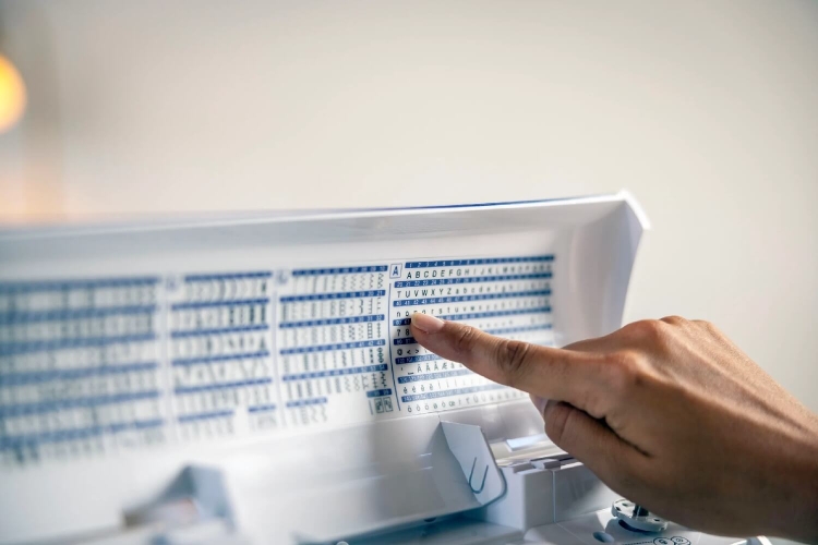 Maszyna do szycia Brother Inventio NV1850Q z białą obudową, pokazująca panel sterujący z niebieskimi napisami i wzorami. Widoczna dłoń wskazująca na jeden z programów. Tło jasne, minimalne. Stolik do szycia w zestawie.