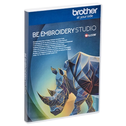 Program Brother BE EmbroideryStudio w opakowaniu, z kolorową grafiką przedstawiającą stylizowanego nosorożca na niebieskim tle. Widoczne napisy: BE EMBROIDERY STUDIO oraz logo brother. Opakowanie pionowo ustawione.