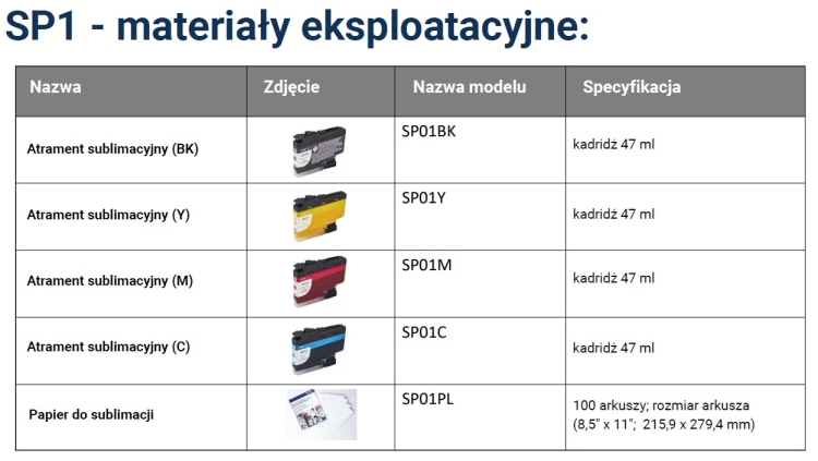 Drukarka Brother SP1 do sublimacji, w kolorze czarnym, z nowoczesnym designem. Ujęcie frontalne ukazuje kontrolki i porty. Idealna do druku na materiałach sublimacyjnych, z możliwością użycia atramentów o pojemności 47 ml.