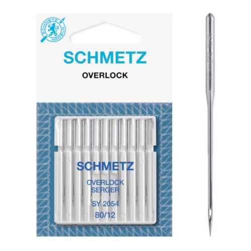 Igły Schmetz SY 2054 XCS ''80 do owerloków, pakowane po 10 sztuk. W zestawie widoczne igły o metalicznym wykończeniu, z numeracją 80/12. Opakowanie z przezroczystym wieczkiem, na niebieskim tle z logo Schmetz.