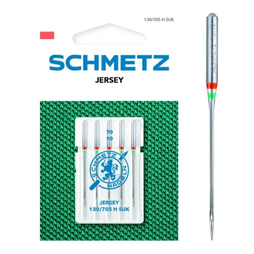Igły półpłaskie Schmetz 130/705H SUK do jerseyu, zestaw 5 sztuk w opakowaniu. Igły o numerze 70, umieszczone w przezroczystym etui, z logo Schmetz. Tło w kolorze zielonym, materiał teksturowany.