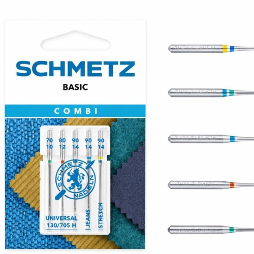 Igły półpłaskie Schmetz 130/705H do jeansu i stretchu w zestawie 5 sztuk. W opakowaniu znajdują się igły o różnych rozmiarach: 70/10, 80/12, 90/14, oznaczone kolorami. Opakowanie z logo Schmetz na kolorowym tle.