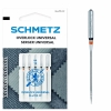 Igły półpłaskie Schmetz ELx705 SUK CF VCS do coverloków, opakowanie zawiera pięć igieł o rozmiarze 80. Igły mają metaliczny kolor, z charakterystycznym oznaczeniem na trzonku. Tło opakowania w odcieniach szarości i niebieskiego.